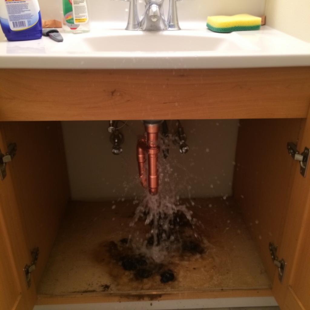 Burst copper water pipe spraying water under a sink in a Chula Vista home